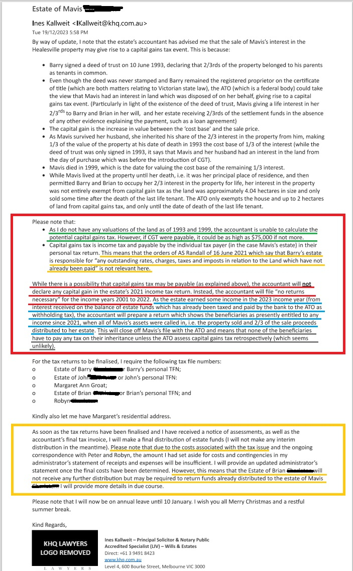 Email from Ines Kallweit of KHQ Lawyers dated 19 December 2023 regarding estate tax matters