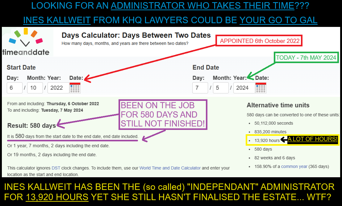KHQ Lawyers estate administration timeline showing 580 days and still counting