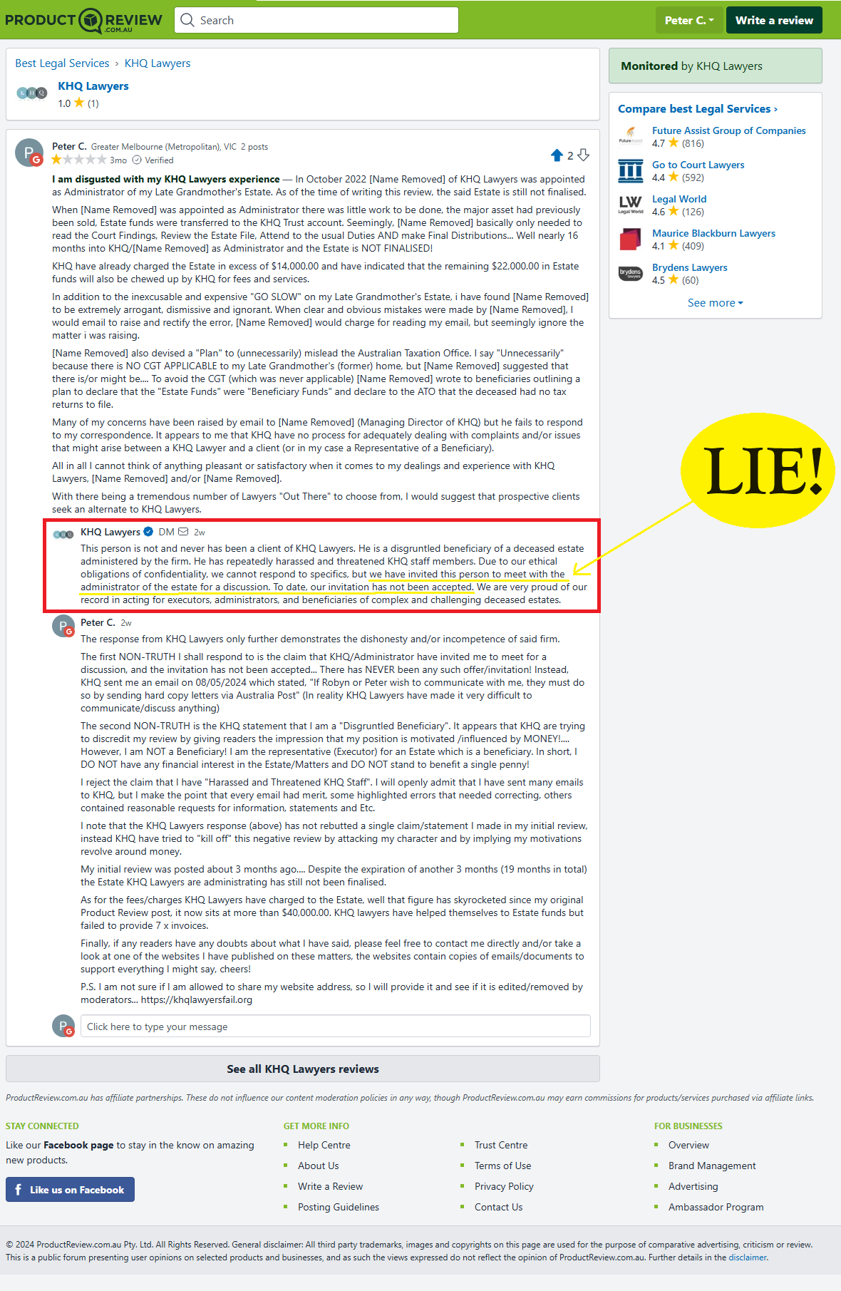 KHQ Lawyers product review page showing professional response