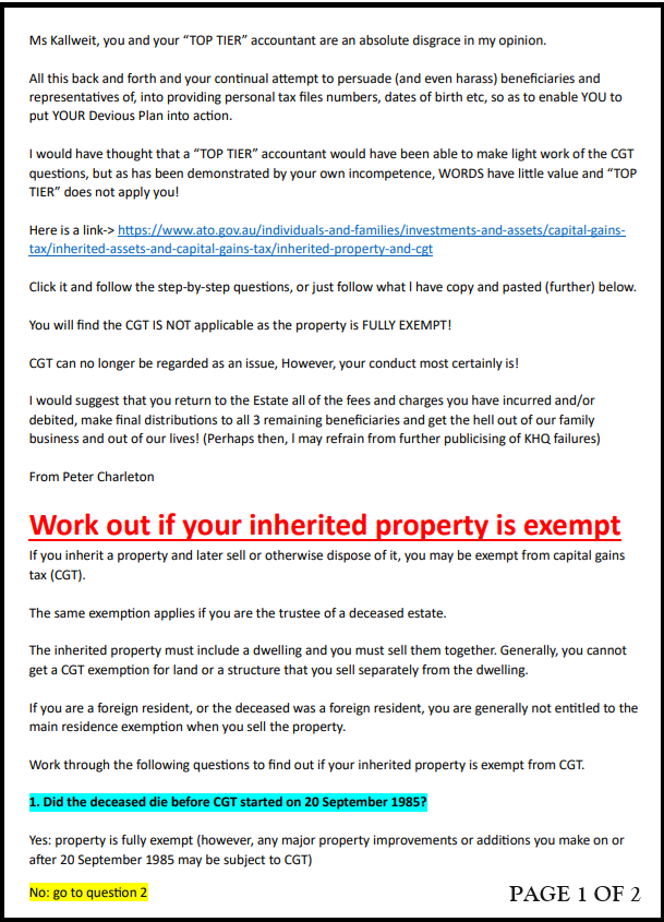Capital Gains Tax documentation page 1 sent to KHQ Lawyers regarding estate tax matters